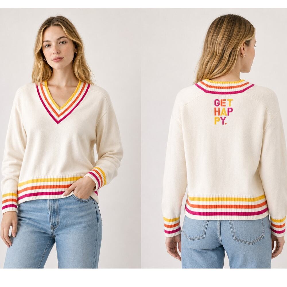 Kerri Rosenthal XOKR Get Happy V-Neck Sweater Ivory Rainbow Stripe Small